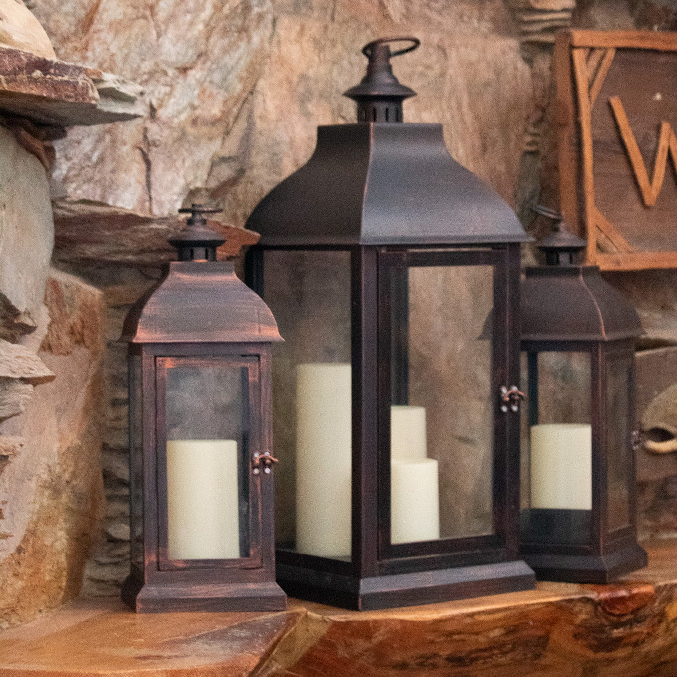 Set Of 3 Rustic Black Powder Coated Metal Glass Candle Lanterns
