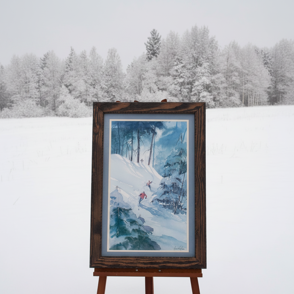 Large Framed Artwork Featuring 3 Skier Signed by Jane Carlson