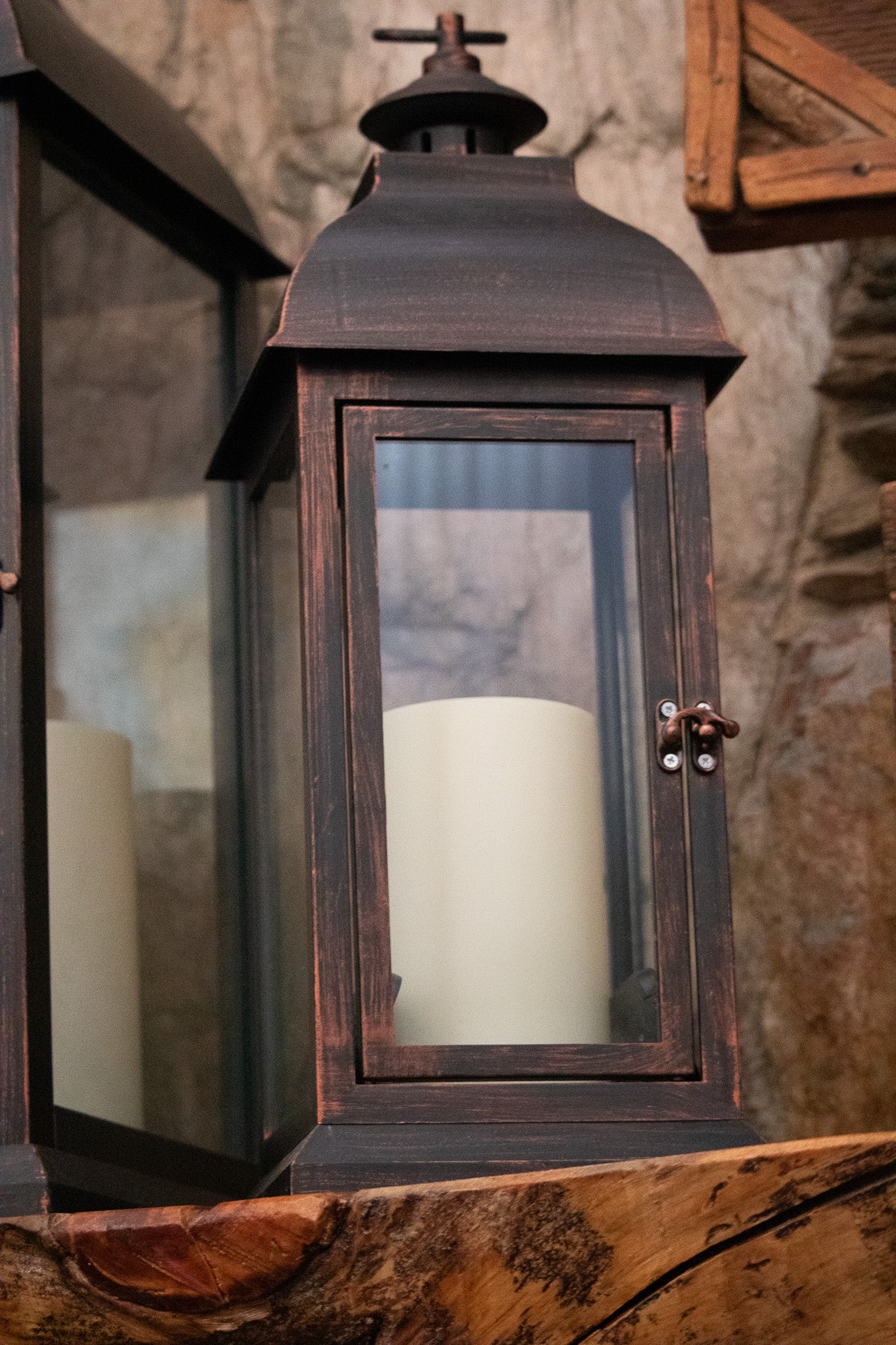 Set Of 3 Rustic Black Powder Coated Metal Glass Candle Lanterns