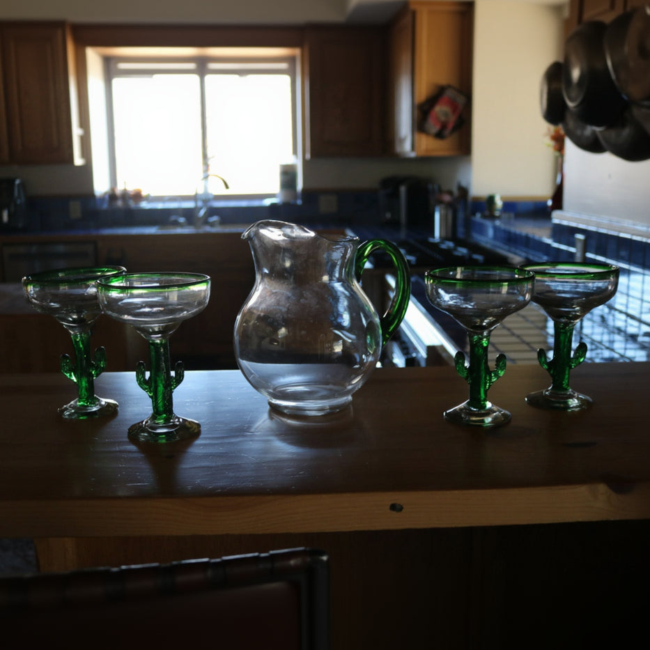 Set Of 4 Libbey Cactus Margarita Glasses With 1 Matching Pitcher