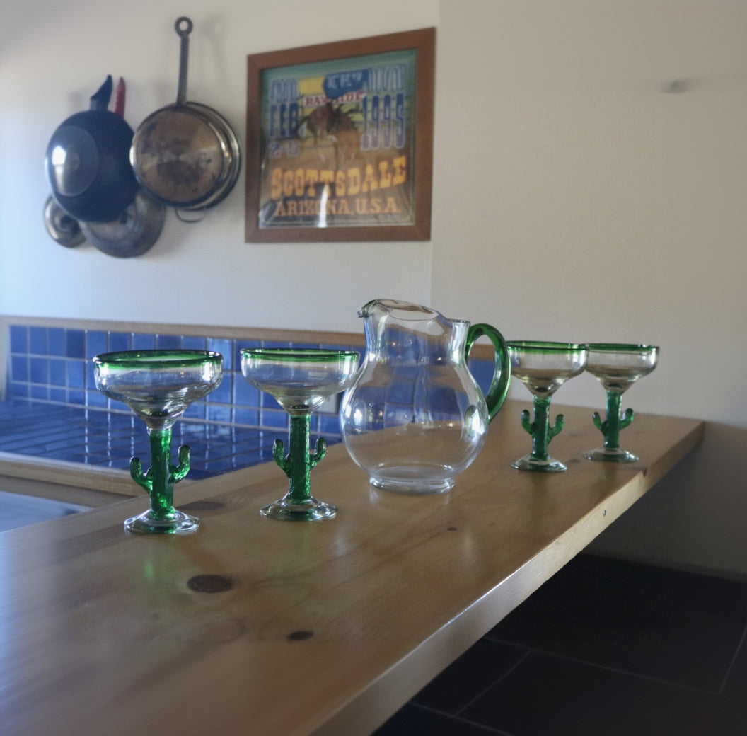 Set Of 4 Libbey Cactus Margarita Glasses With 1 Matching Pitcher