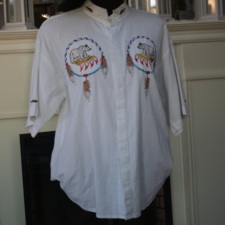 Mushue White Men's Button Down Bear Claw Dreamcatcher Embroidered Cotton Shirt