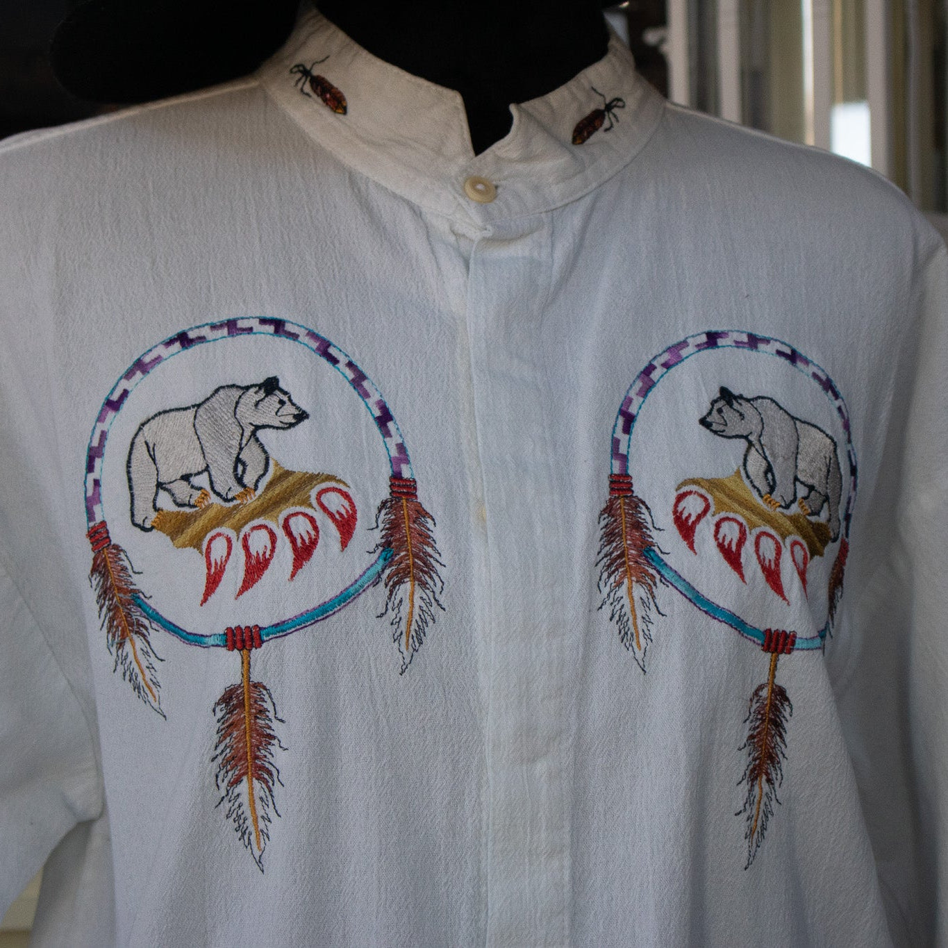 Mushue White Men's Button Down Bear Claw Dreamcatcher Embroidered Cotton Shirt