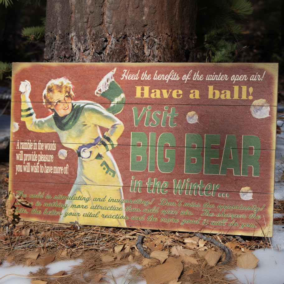 Big Bear Winter Adventure ''Have a Ball!'' Decorative Wooden Hand Painted Sign