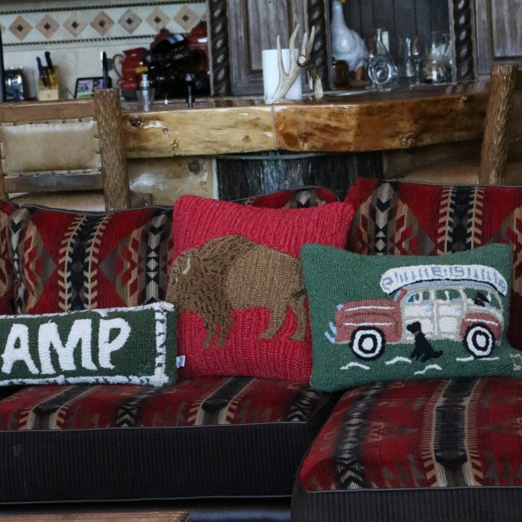 Chandler 4 corners Buffalo Red Hooked Wool Pillow 18"W x 18"L