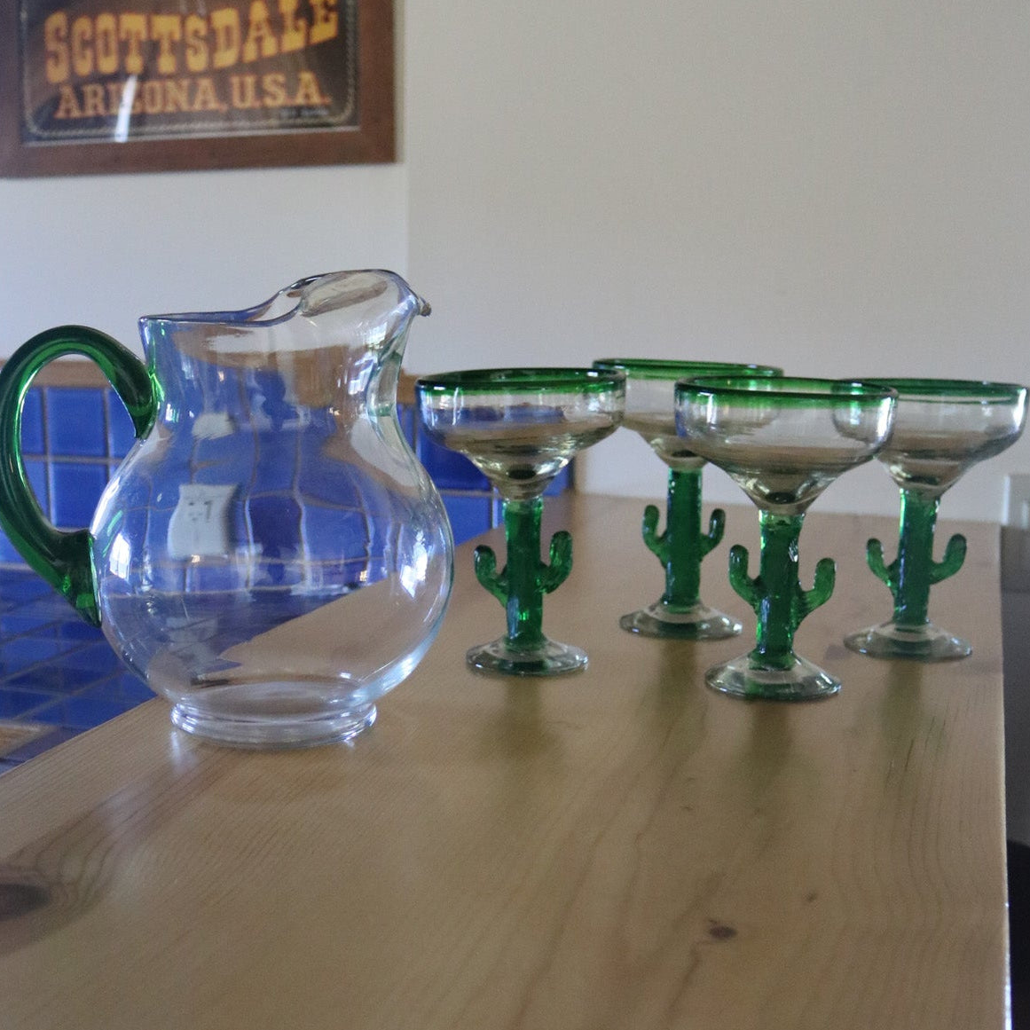 Set Of 4 Libbey Cactus Margarita Glasses With 1 Matching Pitcher