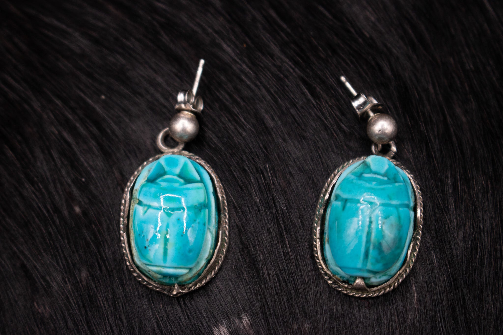 Sterling Silver Hand Crafted Turquoise Stone Scarab Beetle Drop Earrings