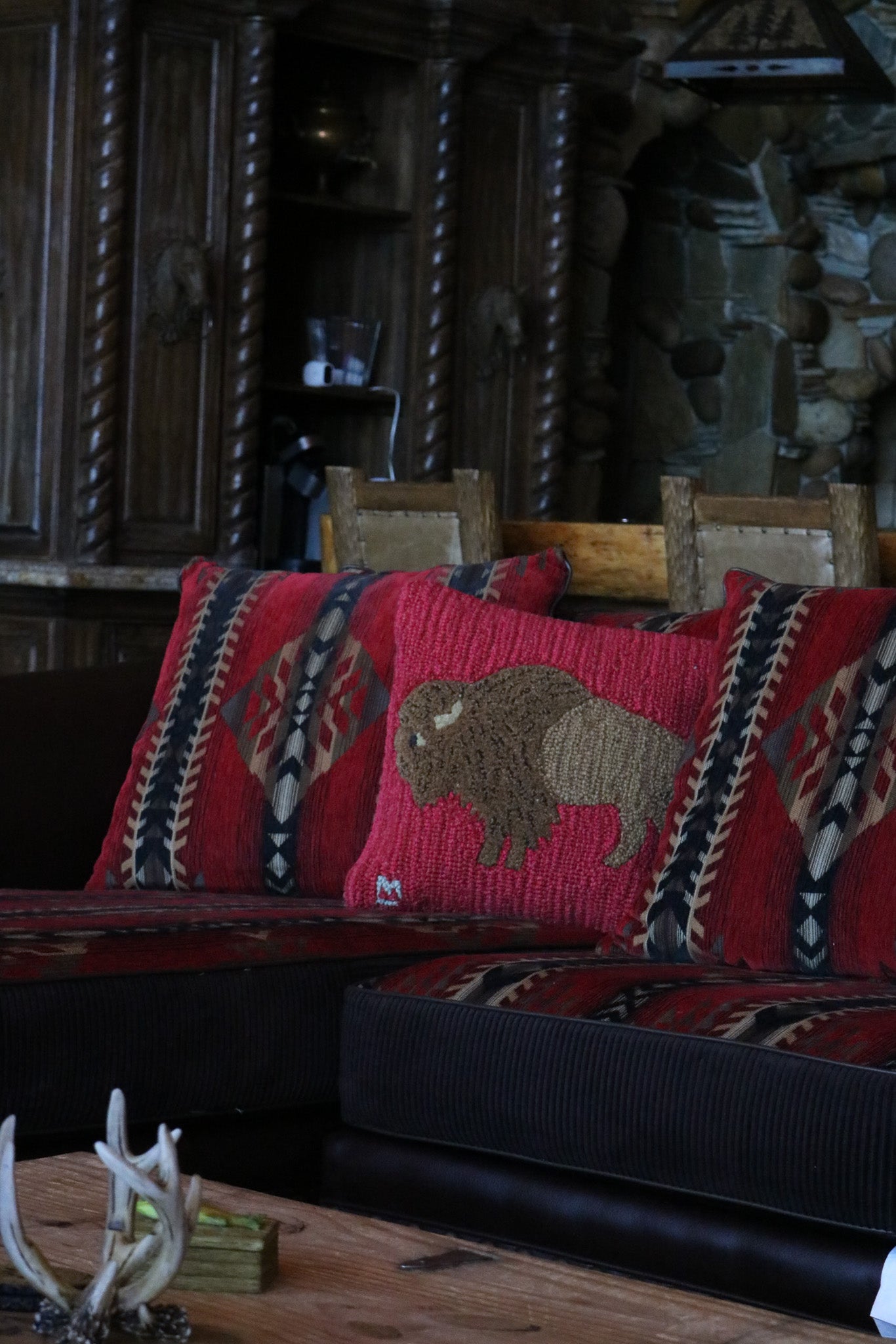 Chandler 4 corners Buffalo Red Hooked Wool Pillow 18"W x 18"L