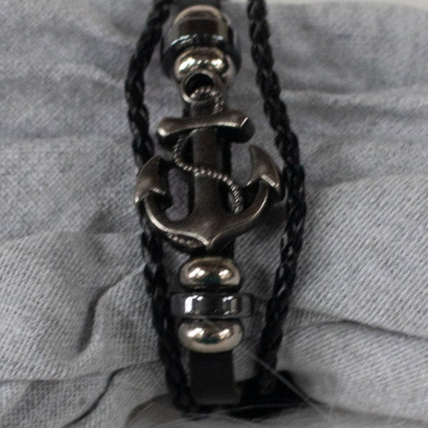 Black Multi Strand Leather Strap with Anchor Charm Bracelet