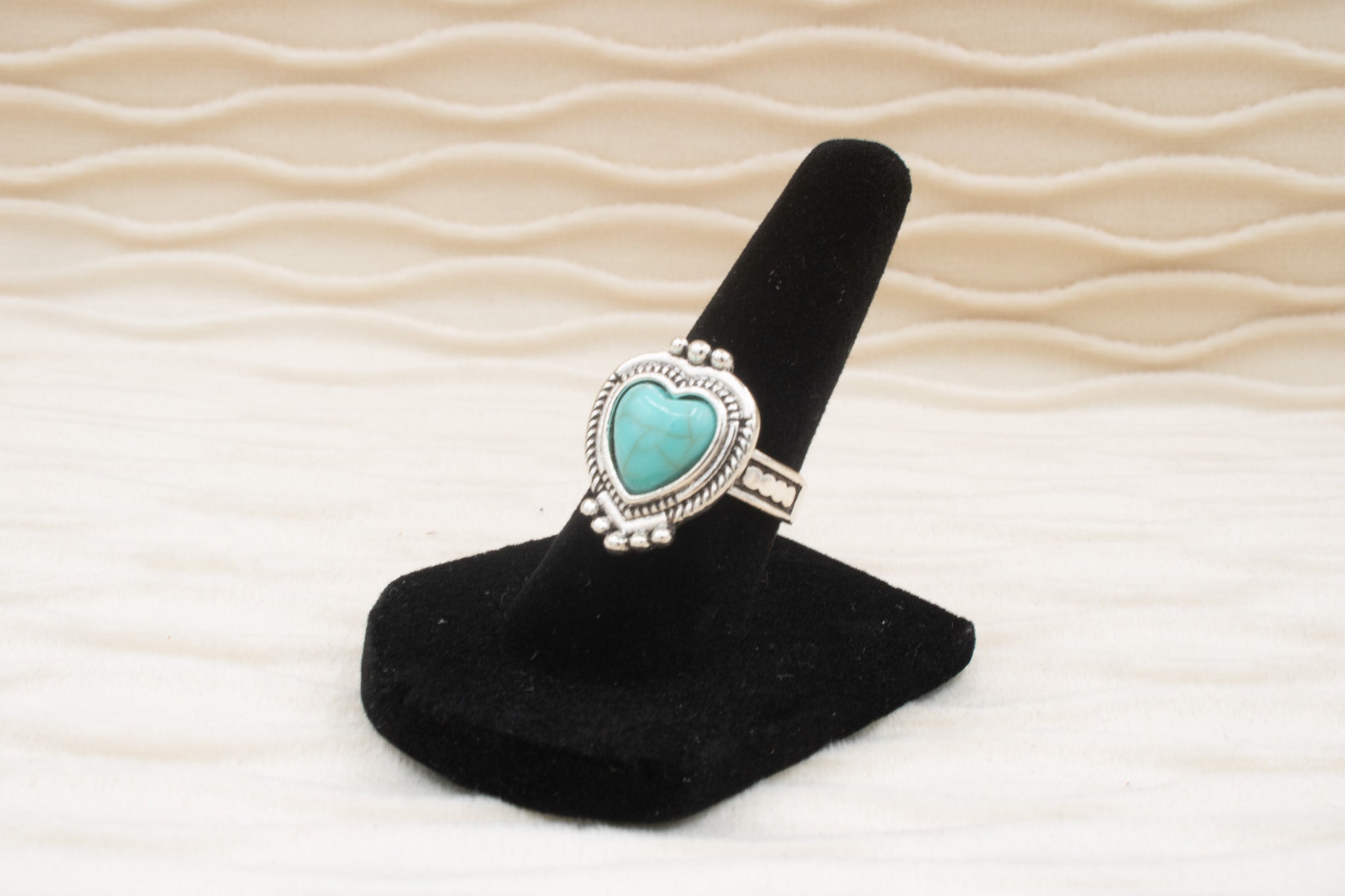 Heart Shaped Silver Tone Faux Turquoise Stone Ring Size 6