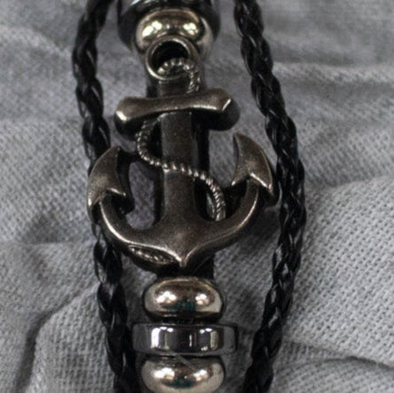 Black Multi Strand Leather Strap with Anchor Charm Bracelet