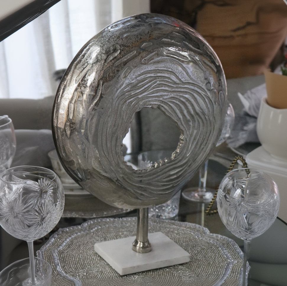 Beautiful Circular Modern Art Piece with White Marble Base with an Impression of the Modern Abyss
