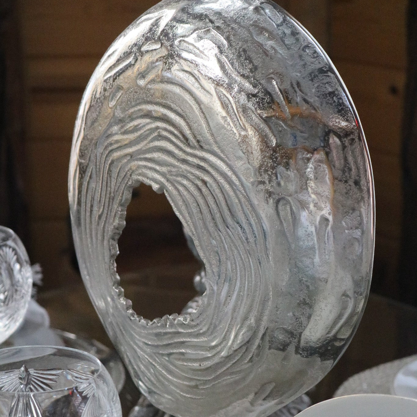 Beautiful Circular Modern Art Piece with White Marble Base with an Impression of the Modern Abyss