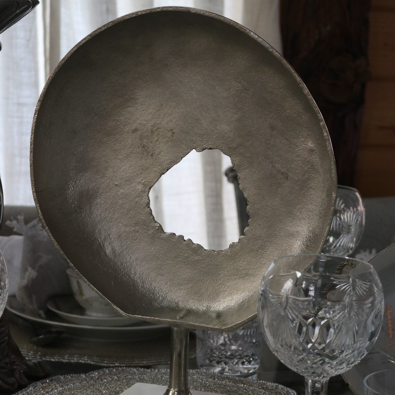 Beautiful Circular Modern Art Piece with White Marble Base with an Impression of the Modern Abyss