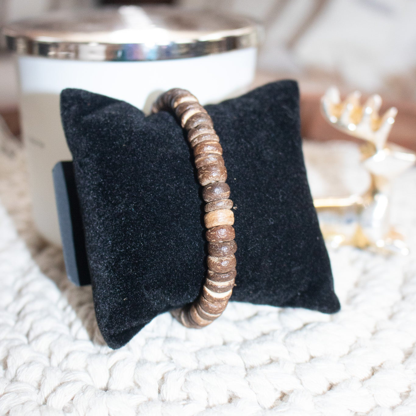 Brown Wooden Bead Stretchy Bracelet