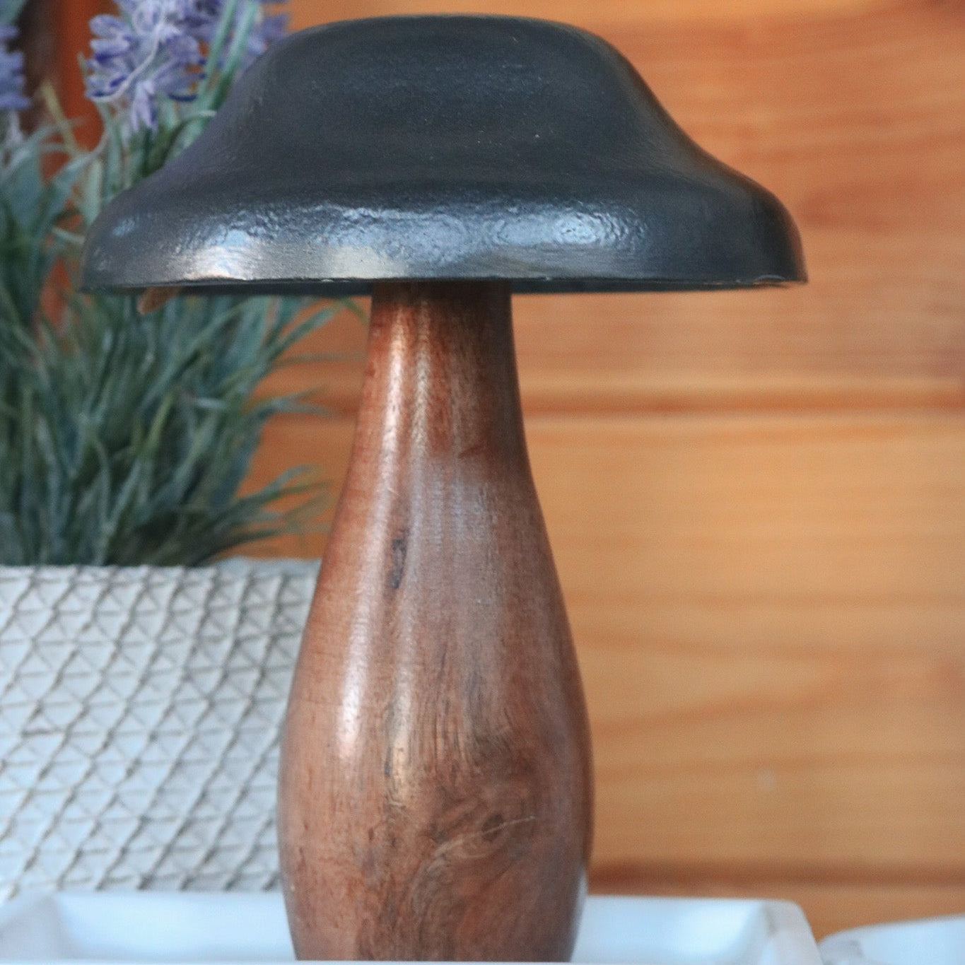 Decorative Mushroom Sculpture Wooden Base with Metal Top