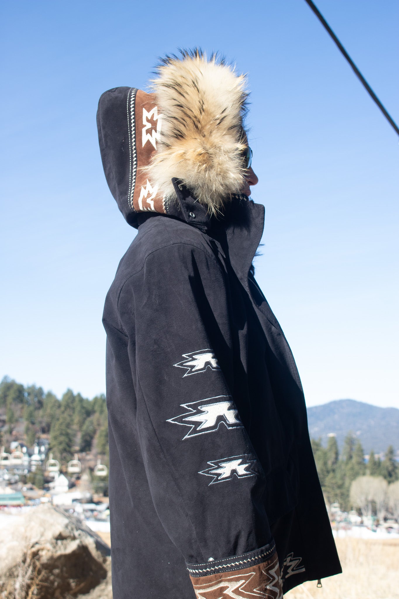 Vintage Bogner Black Ultra Suede Parka with Tribal Style Embossing
