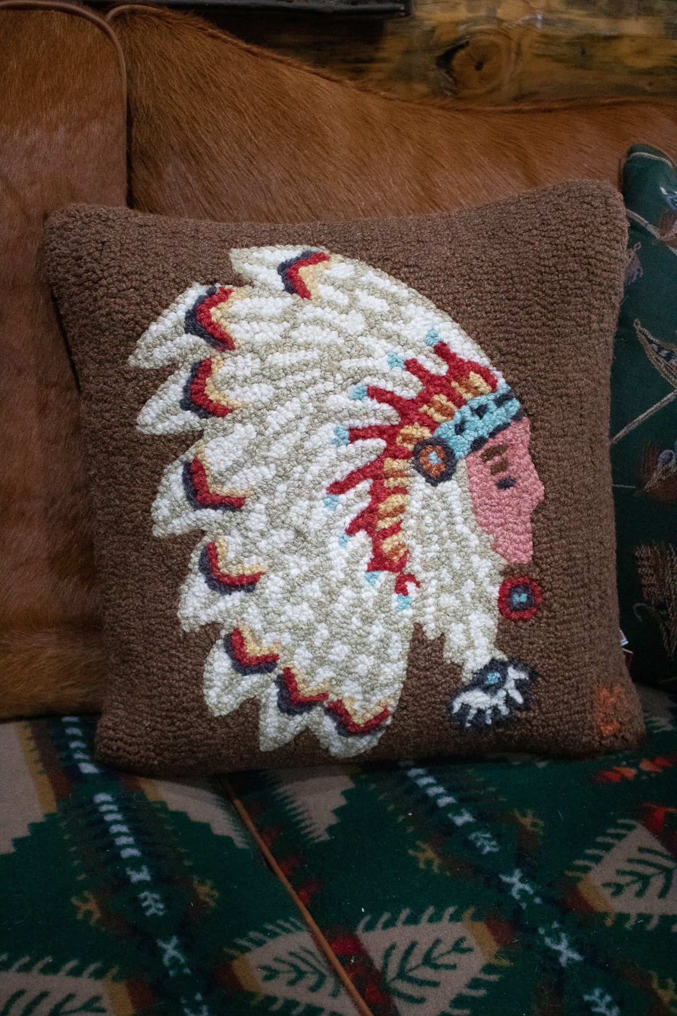 Chandler 4 corners Native Chief Hooked Wool Pillow