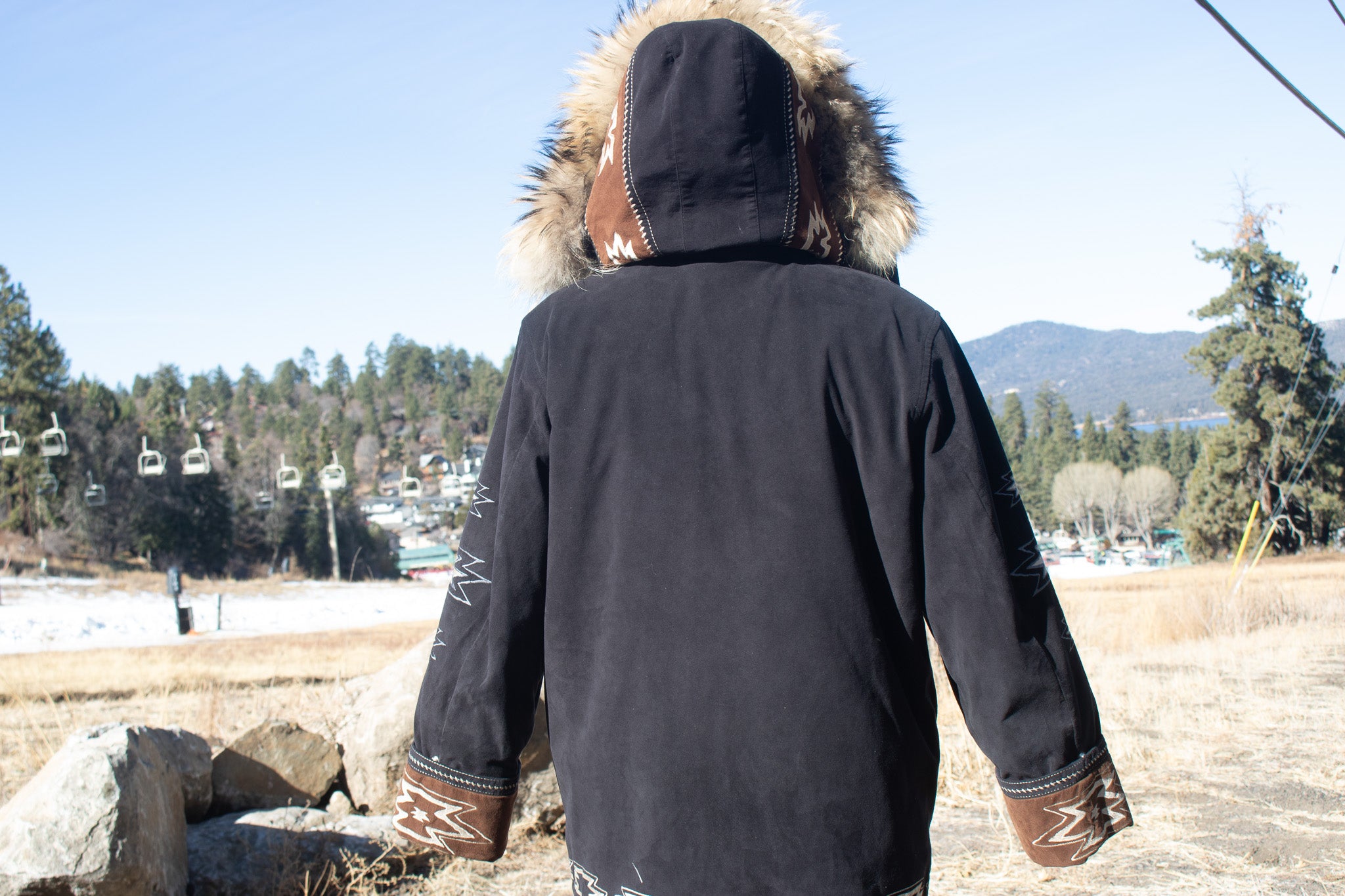 Vintage Bogner Black Ultra Suede Parka with Tribal Style Embossing