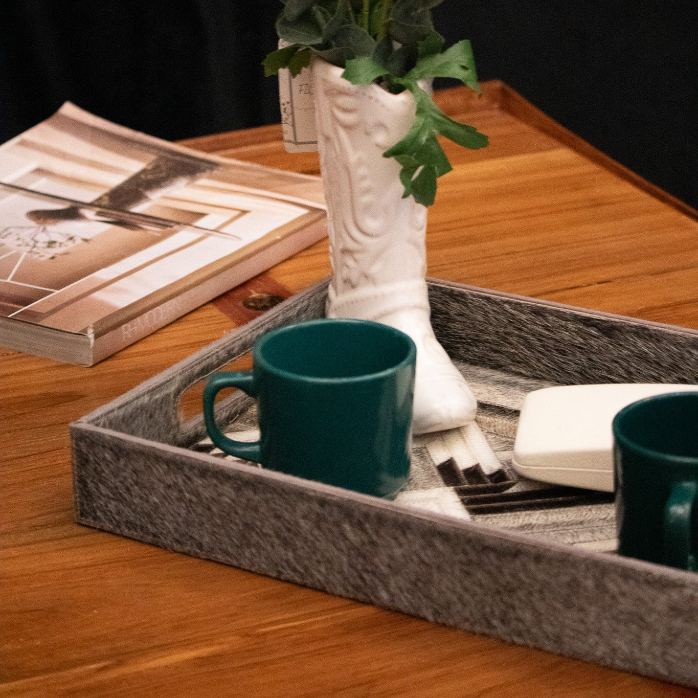 Decorative Wooden Tray with Cowhide Geometric Mountain Pattern