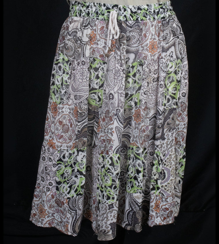 Green/Tan/Brown/White Layered Bo - ho Skirt One Size with Rope Tie with Mini Bells