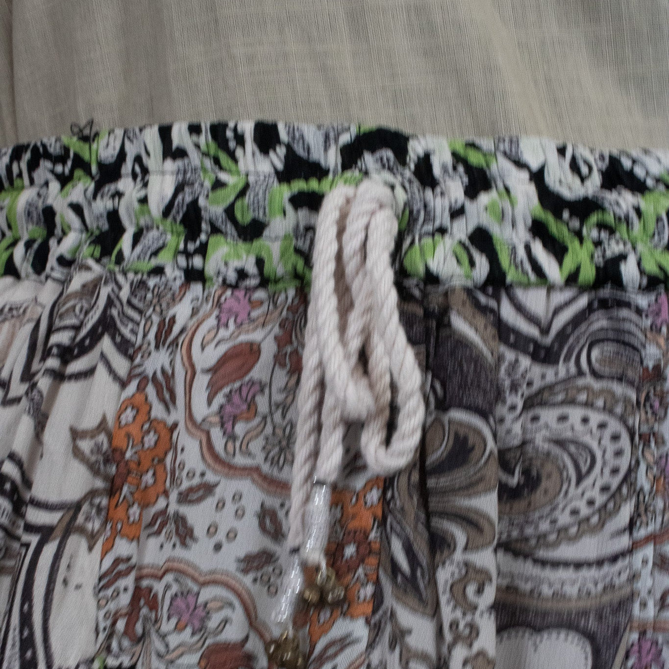 Green/Tan/Brown/White Layered Bo - ho Skirt One Size with Rope Tie with Mini Bells