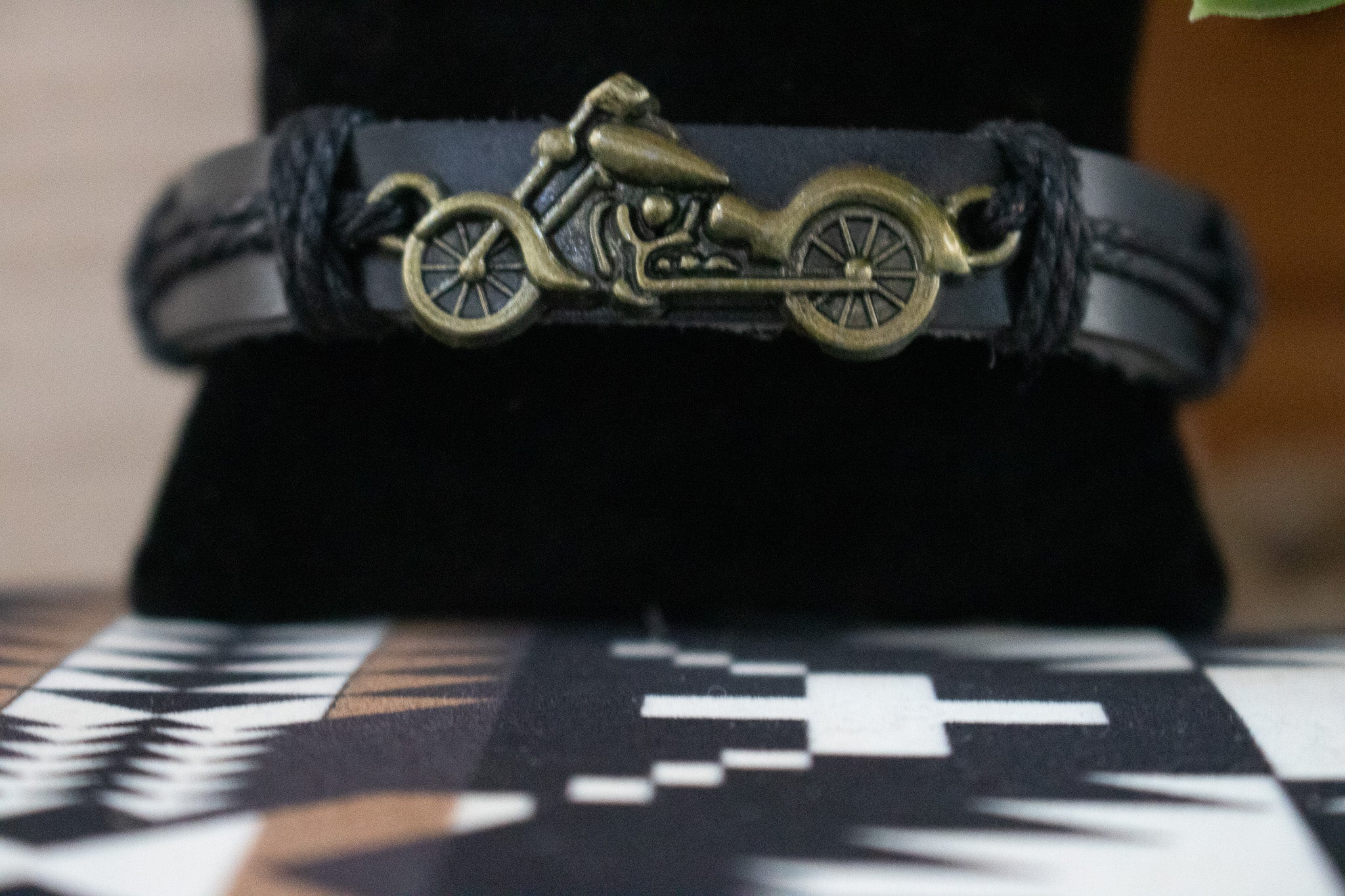 Black Leather and Jute Cord with Aluminum Motorcycle Charm Adjustable Bracelet