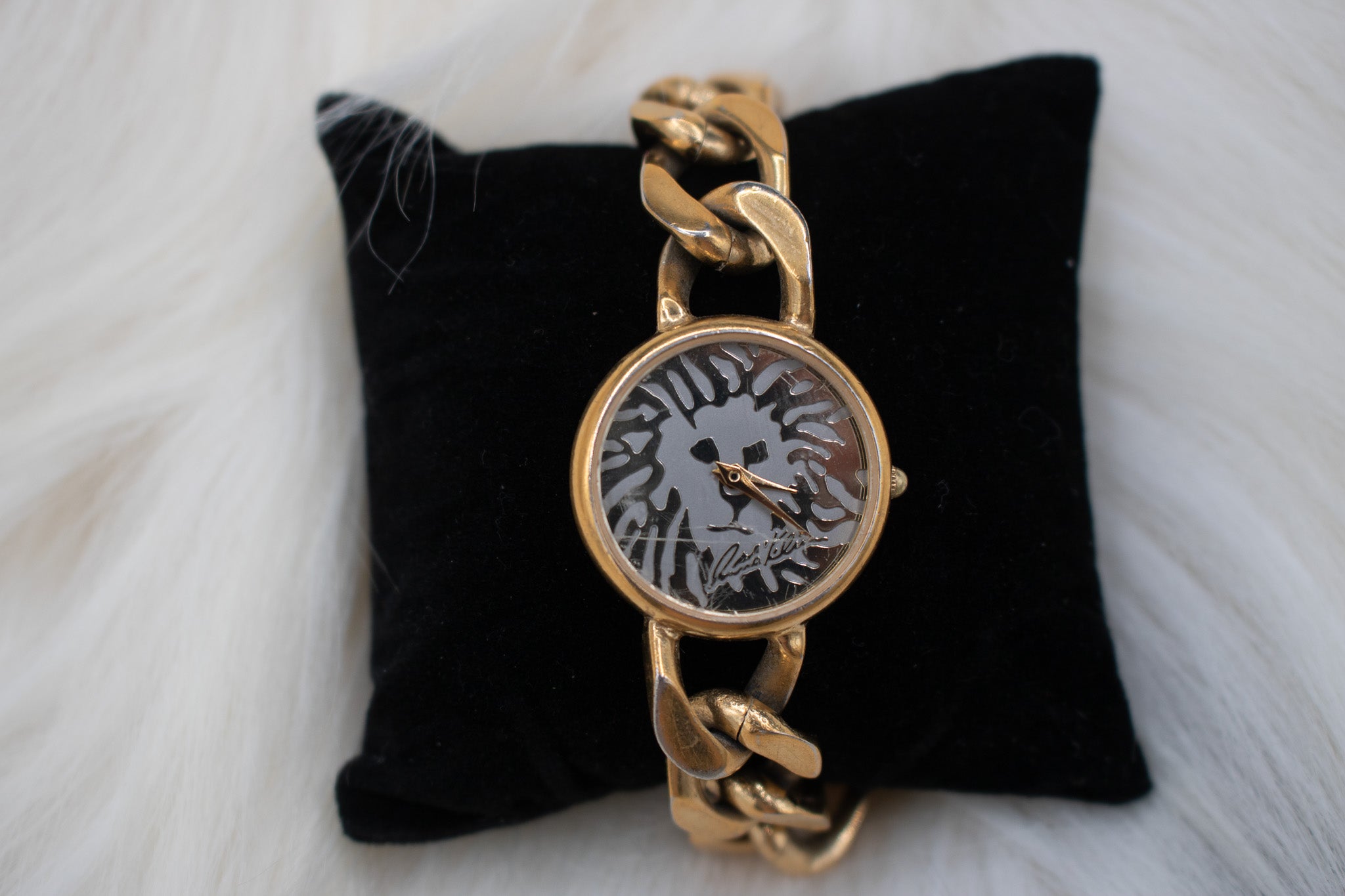 80s Vintage Anne Kline Lion Face Chain Link Bans Goldtone Watch