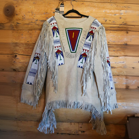 Native American Buffalo Hide Powwow Regalia Hand Beaded War Shirt with Fringe Size Large