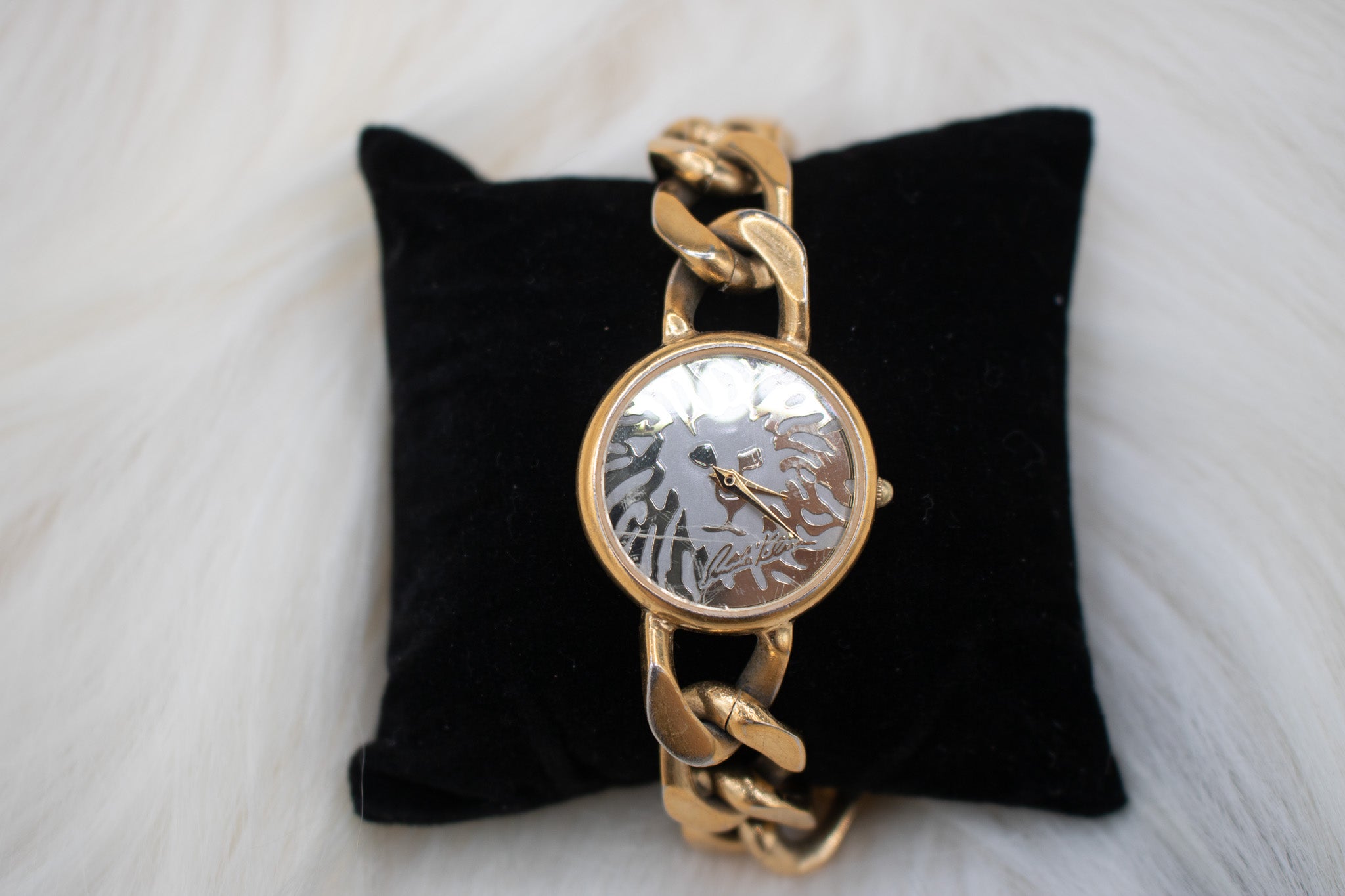 80s Vintage Anne Kline Lion Face Chain Link Bans Goldtone Watch