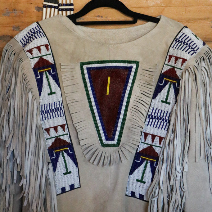 Native American Buffalo Hide Powwow Regalia Hand Beaded War Shirt with Fringe Size Large