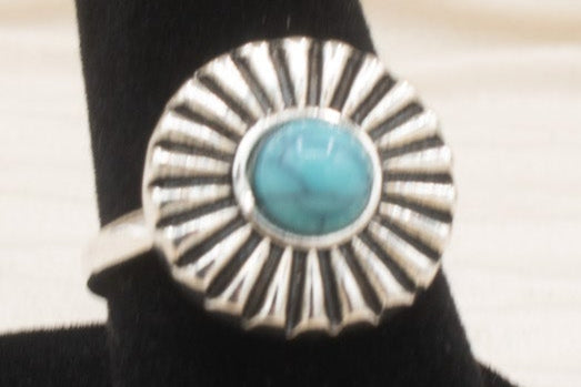 Faux Turquoise Flower Silver Tone Ring Size 7