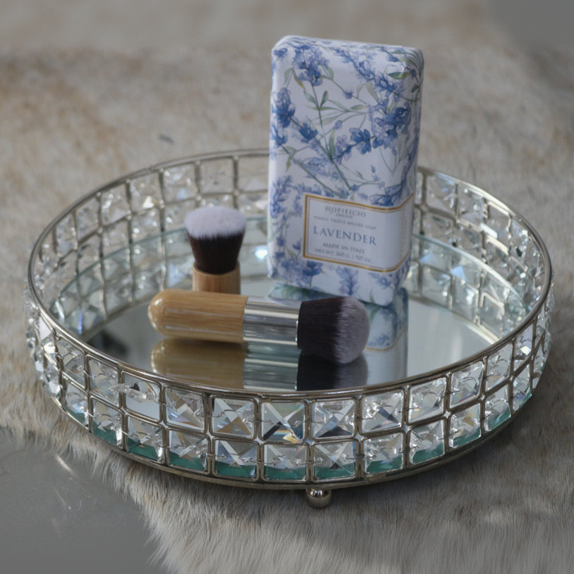 Elegant and Glamorous Gem-Lined Vanity Tray with Mirror