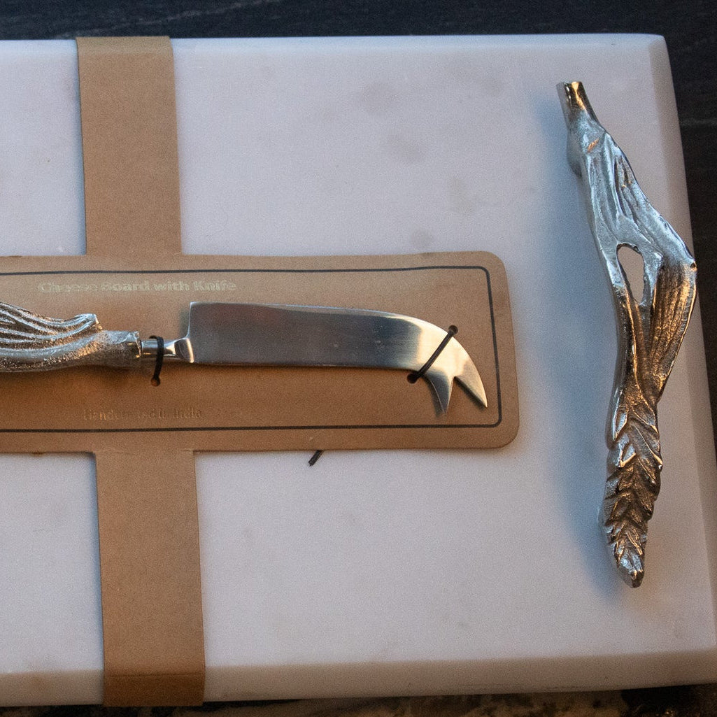 Elegant Marble Cheese Board with Chrome Leaf Handles and Chrome Cheese Knife