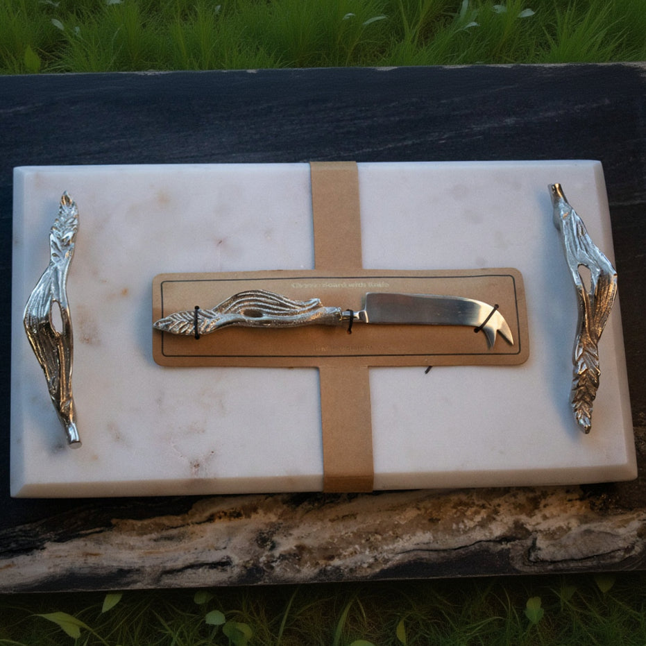 Elegant Marble Cheese Board with Chrome Leaf Handles and Chrome Cheese Knife