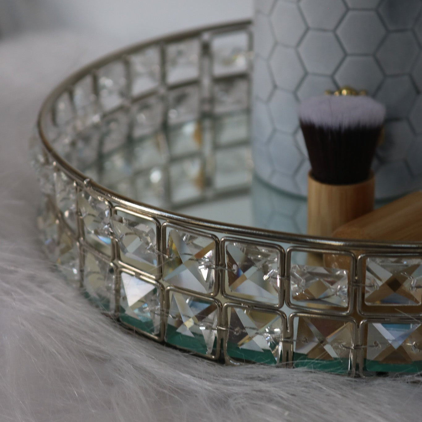 Elegant and Glamorous Gem-Lined Vanity Tray with Mirror
