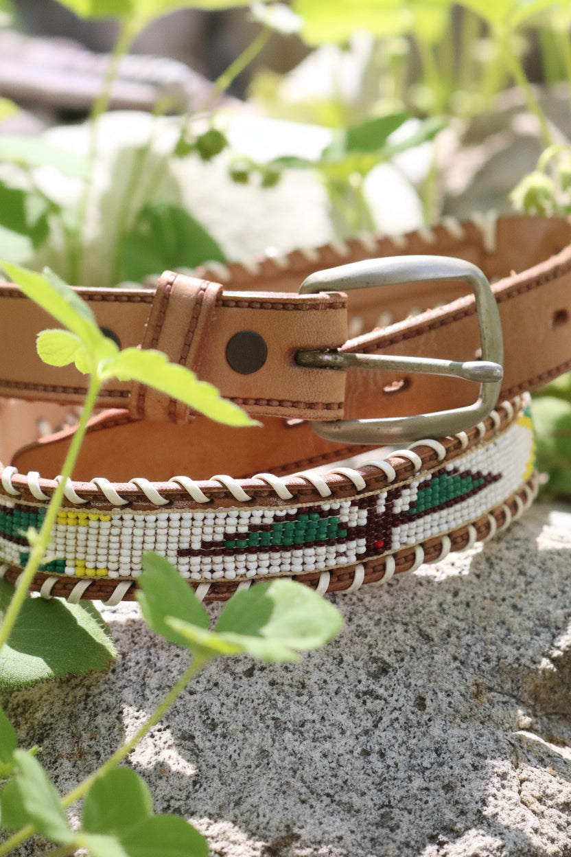 Hand-beaded Cowhide Belt
