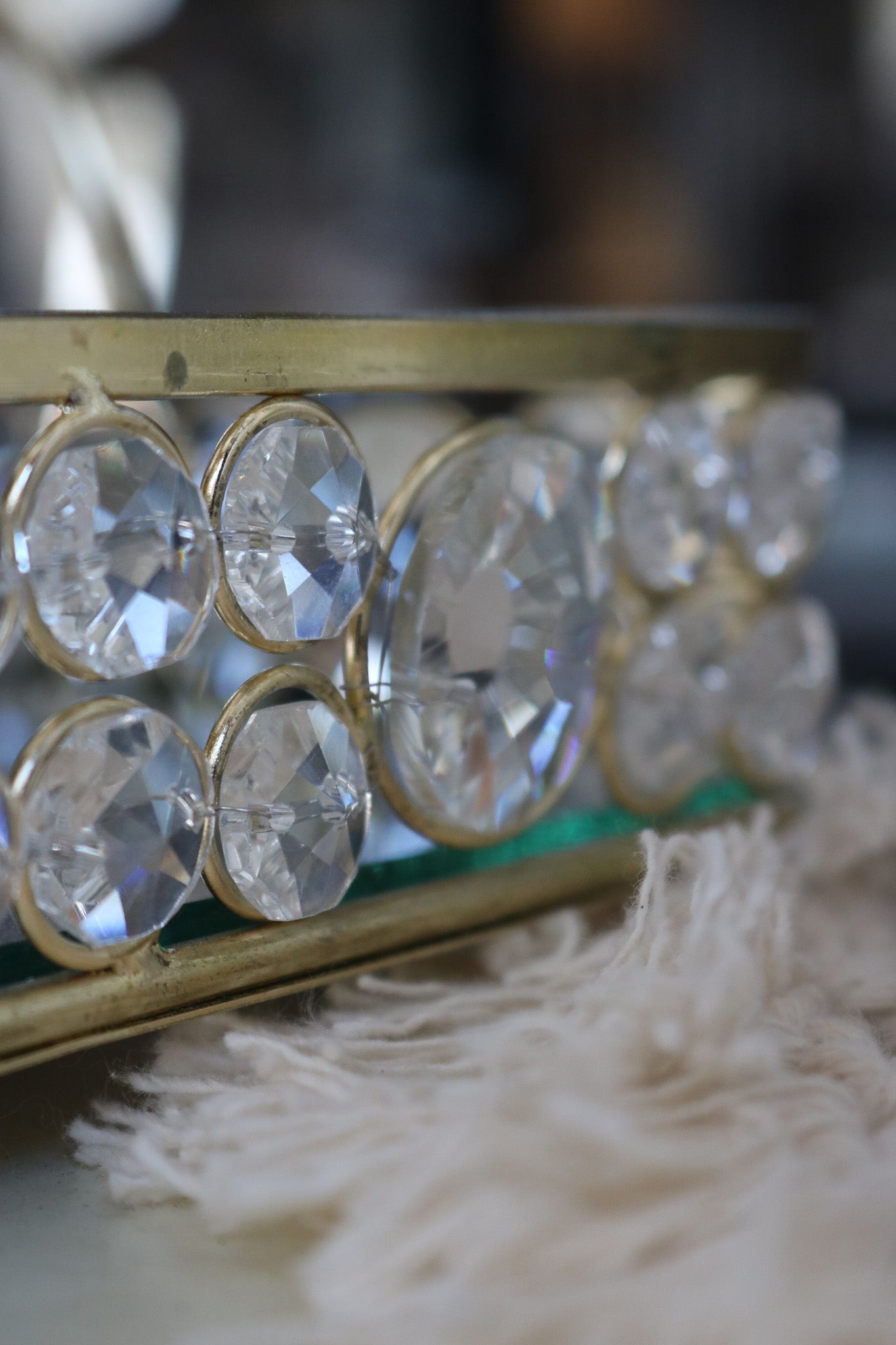 Elegant Mirror Catch-All Tray with Gold & Crystal Border and Handles