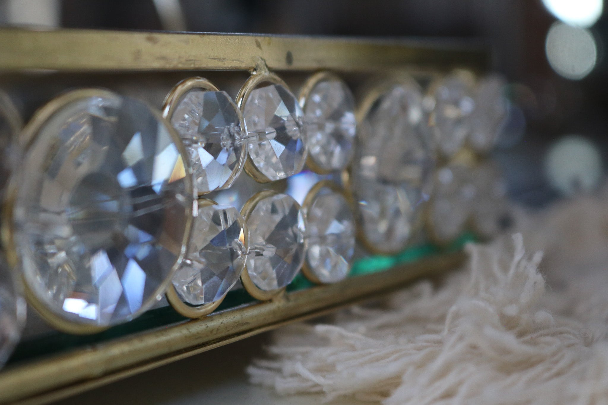 Elegant Mirror Catch-All Tray with Gold & Crystal Border and Handles