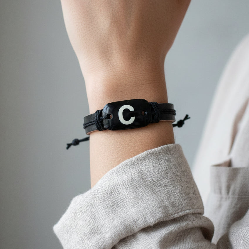 Black Leather Bracelet with a Resin "C" Charm Adjustable Bracelet
