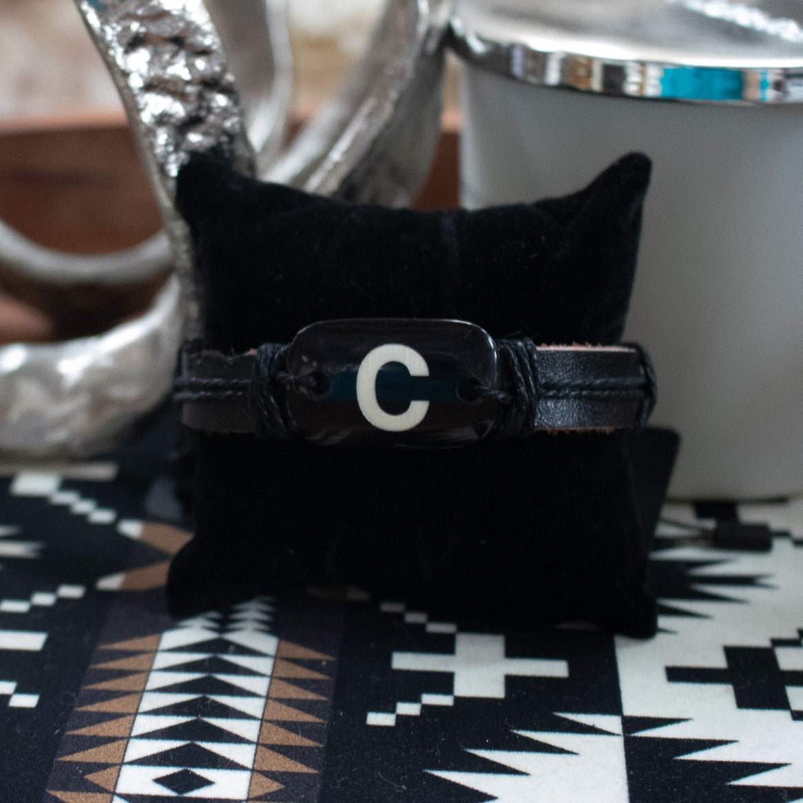 Black Leather Bracelet with a Resin "C" Charm Adjustable Bracelet