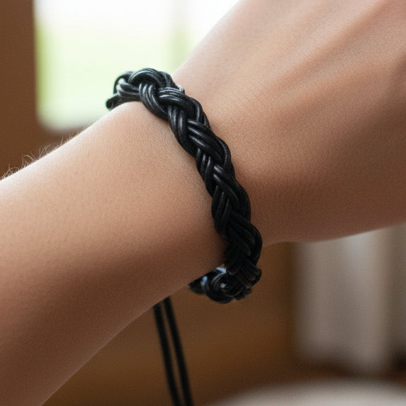 Black Leather Cord Braided Adjustable Bracelet