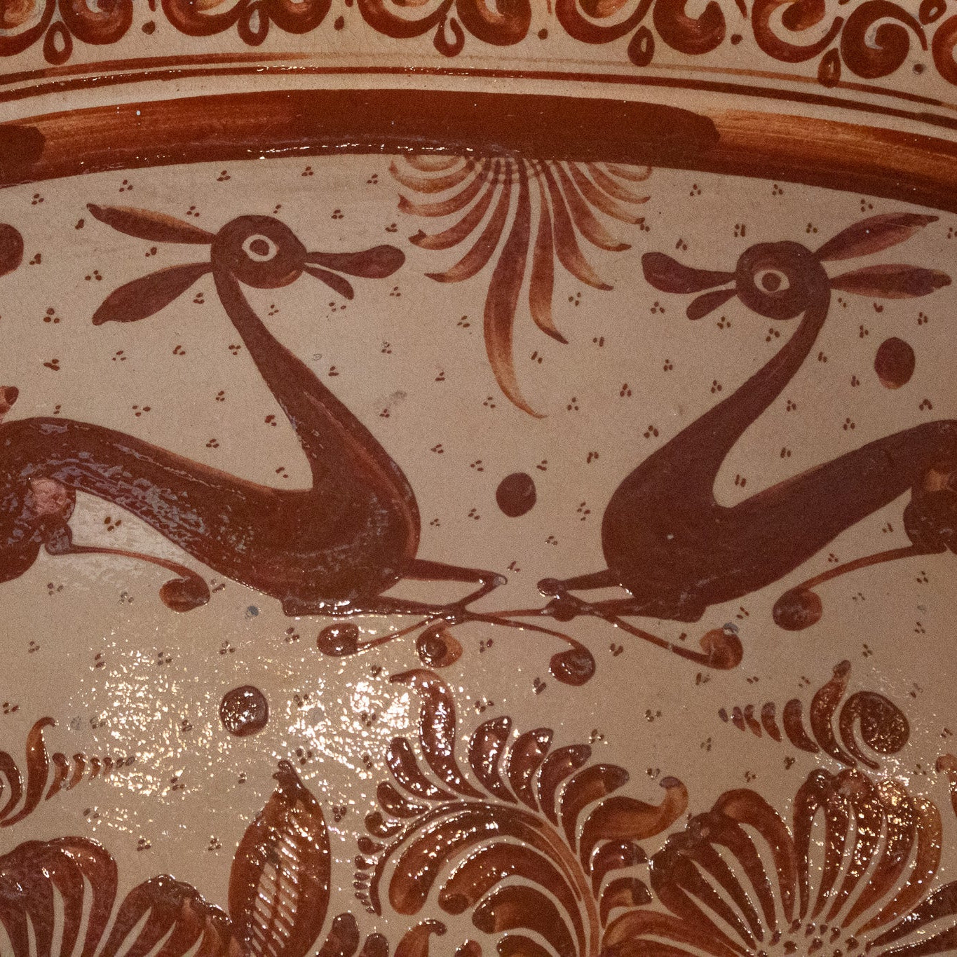 Rare Authentic Antique 1940s Traditional Talavera Hand Throw Red Clay Earthenware Pottery Large Makers Stamp Mexican Serving Platter with Beautifully Hand Painted Custom Glaze Animal Scene