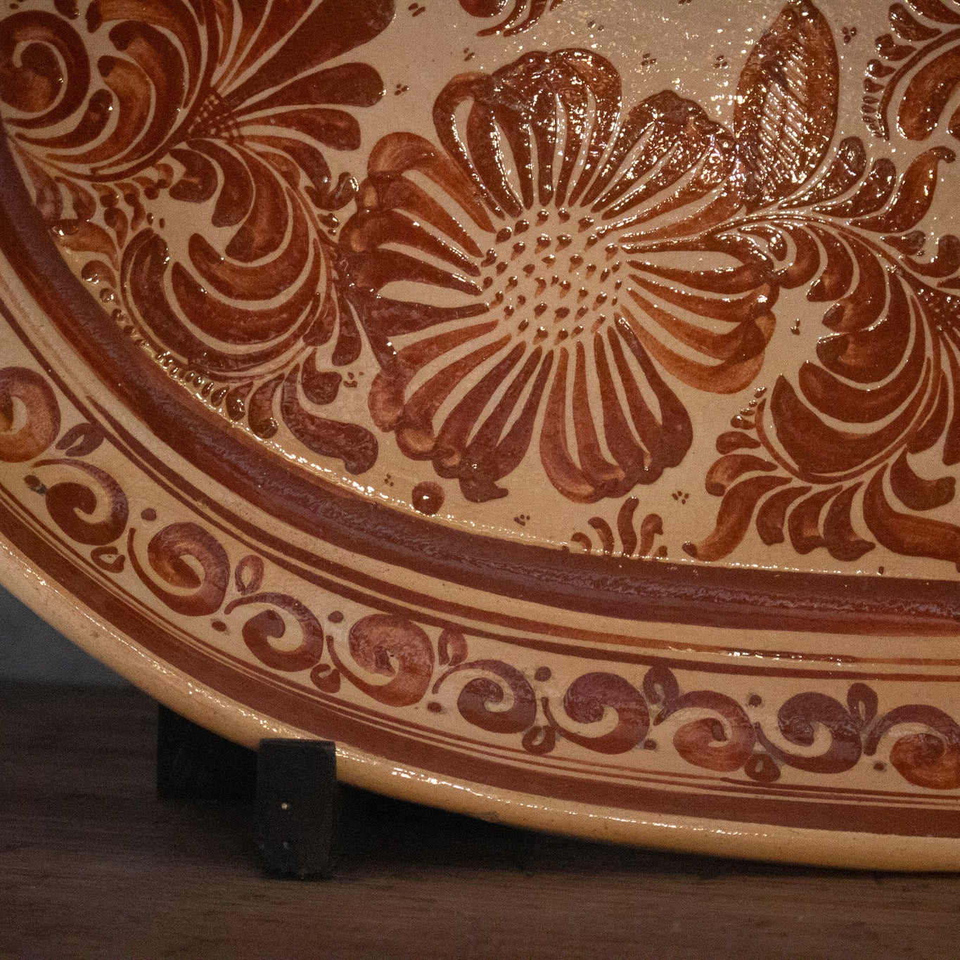 Rare Authentic Antique 1940s Traditional Talavera Hand Throw Red Clay Earthenware Pottery Large Makers Stamp Mexican Serving Platter with Beautifully Hand Painted Custom Glaze Animal Scene