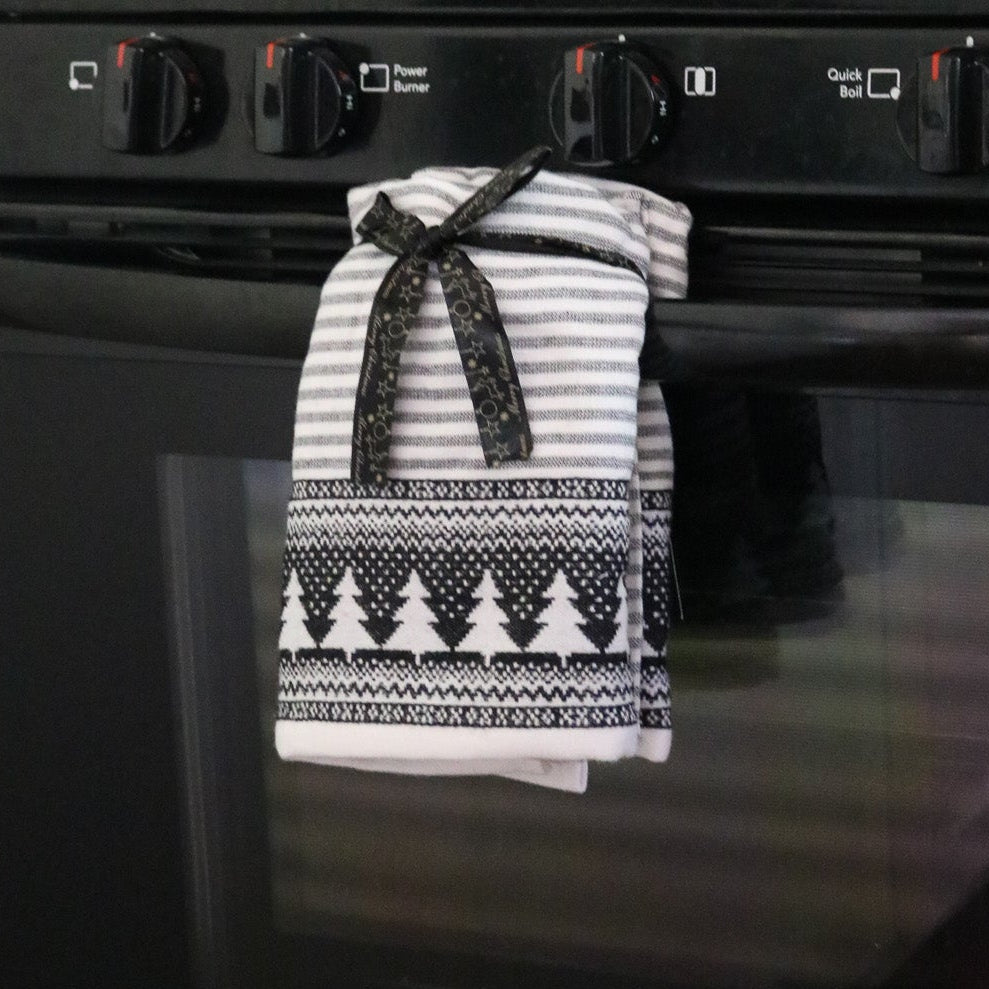 Balsam & Fir Trading Co. Set of 2 White Hand Towels with Christmas Trees & Black Lines