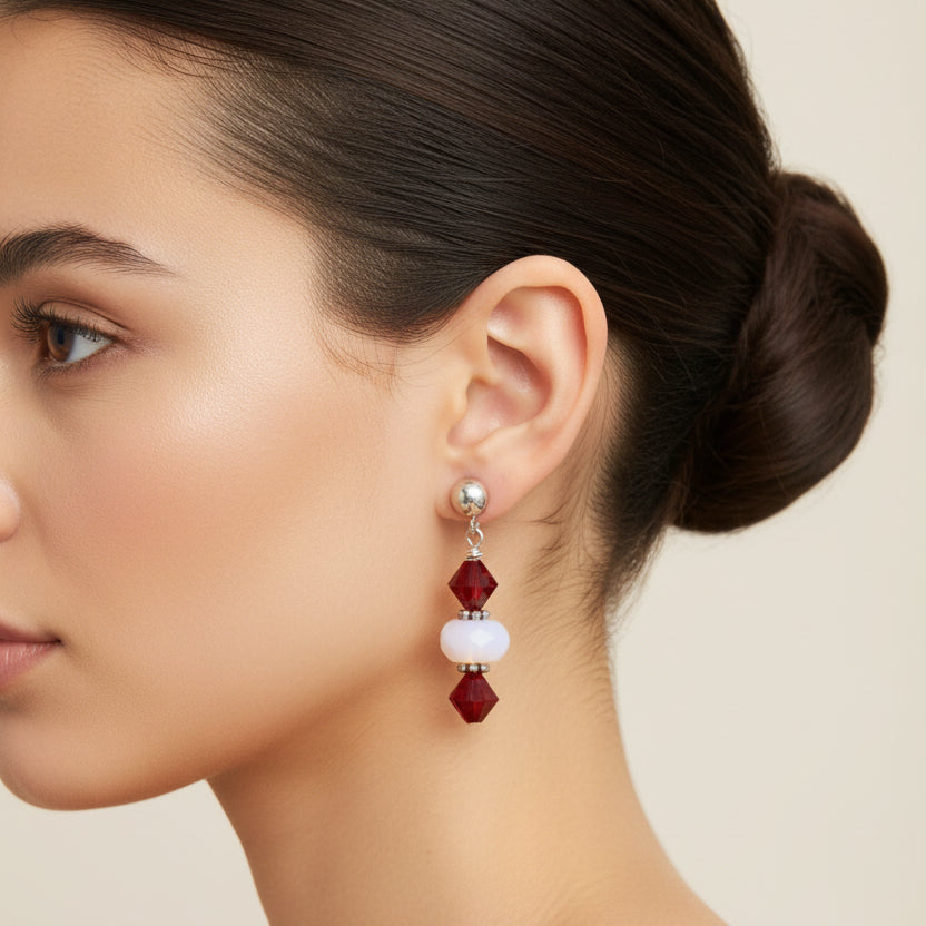 Red Gem with Natural White Bead Earrings
