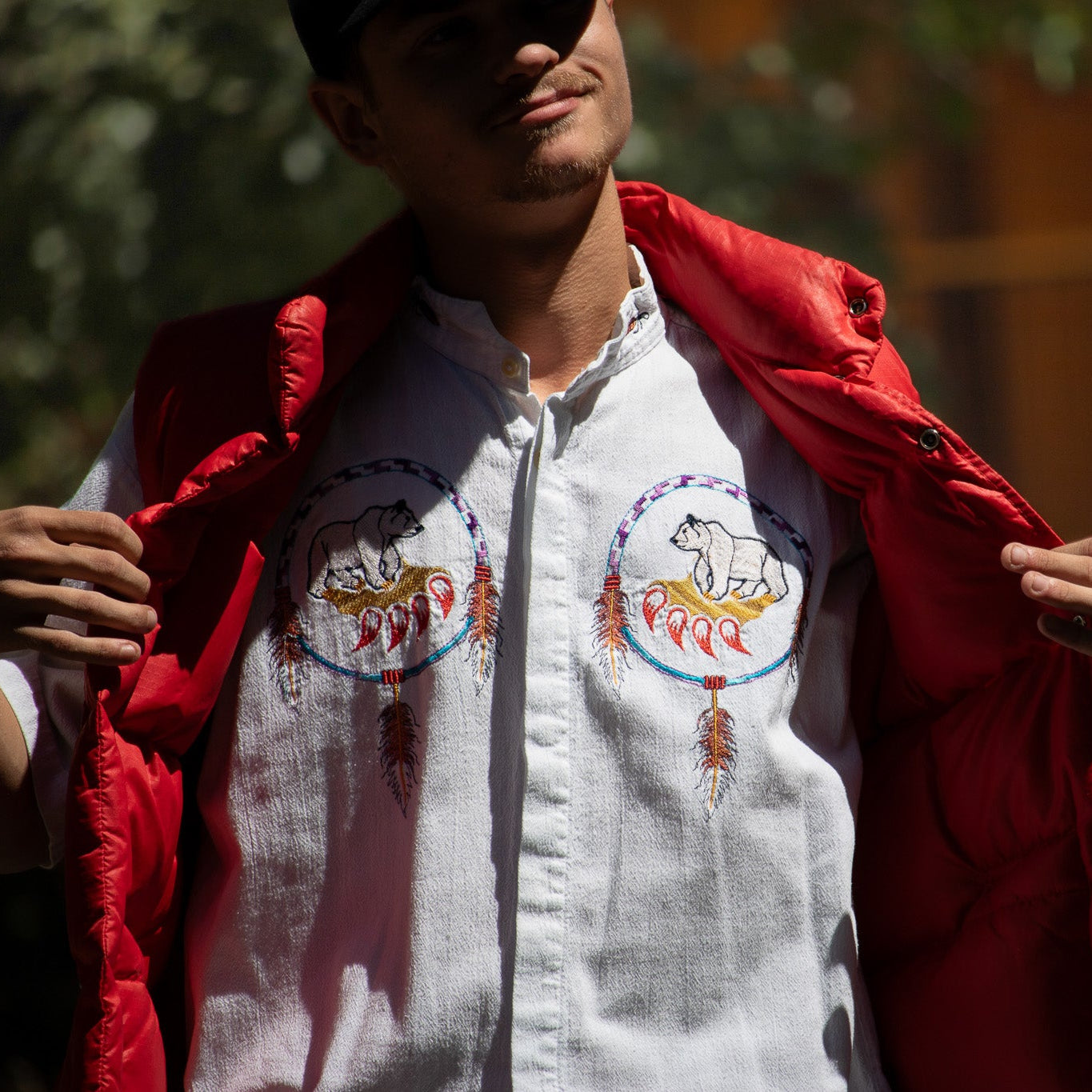 Mushue White Men's Button Down Bear Claw Dreamcatcher Embroidered Cotton Shirt