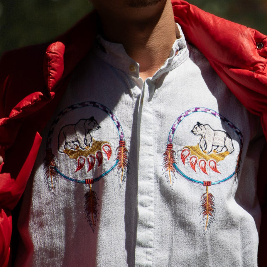 Mushue White Men's Button Down Bear Claw Dreamcatcher Embroidered Cotton Shirt
