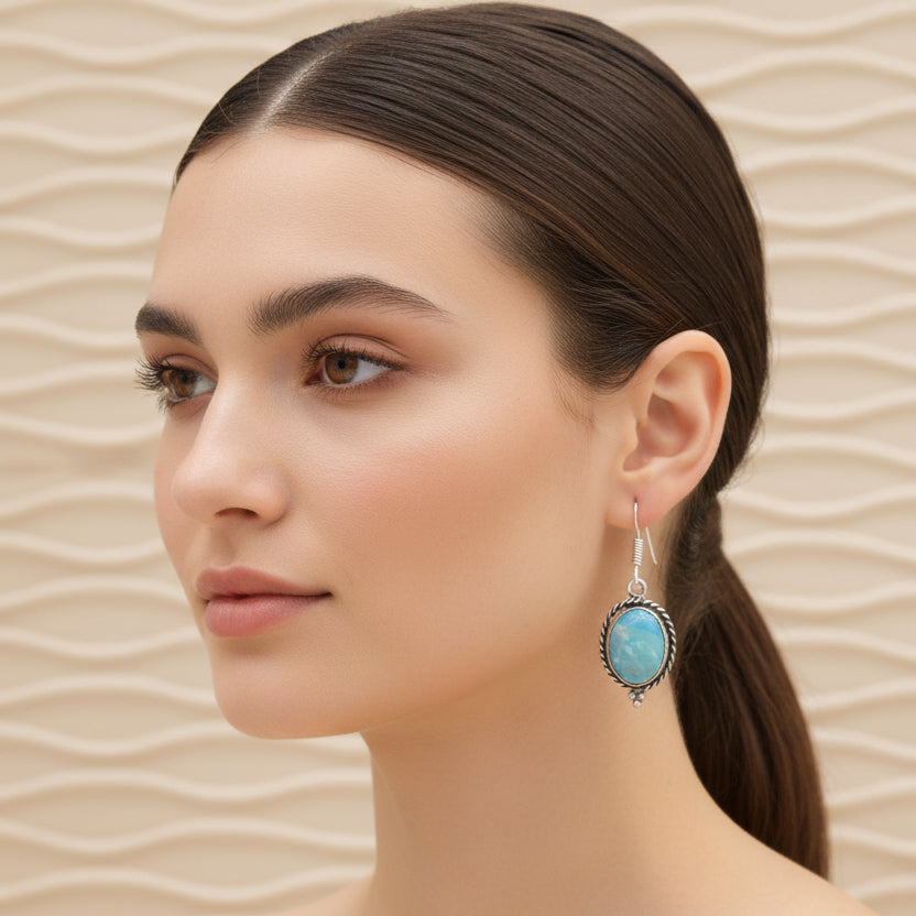 Braided Silver and Natural Larimar Stone Dangle Earrings