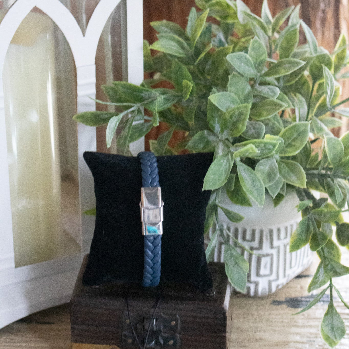 Navy-Blue Leather Braided Bracelet with Stainless Steel Charm
